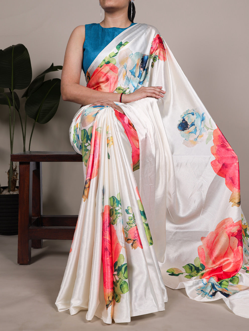 White floral printed satin silk saree with firozi banglory blouse