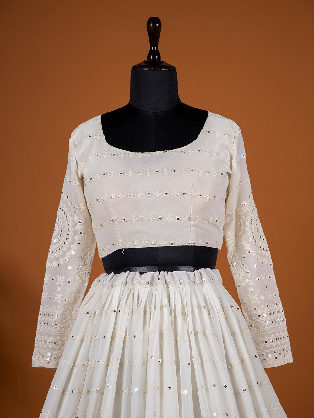 White Color Lucknowi Paper Mirror Work Georgette Lehenga Choli