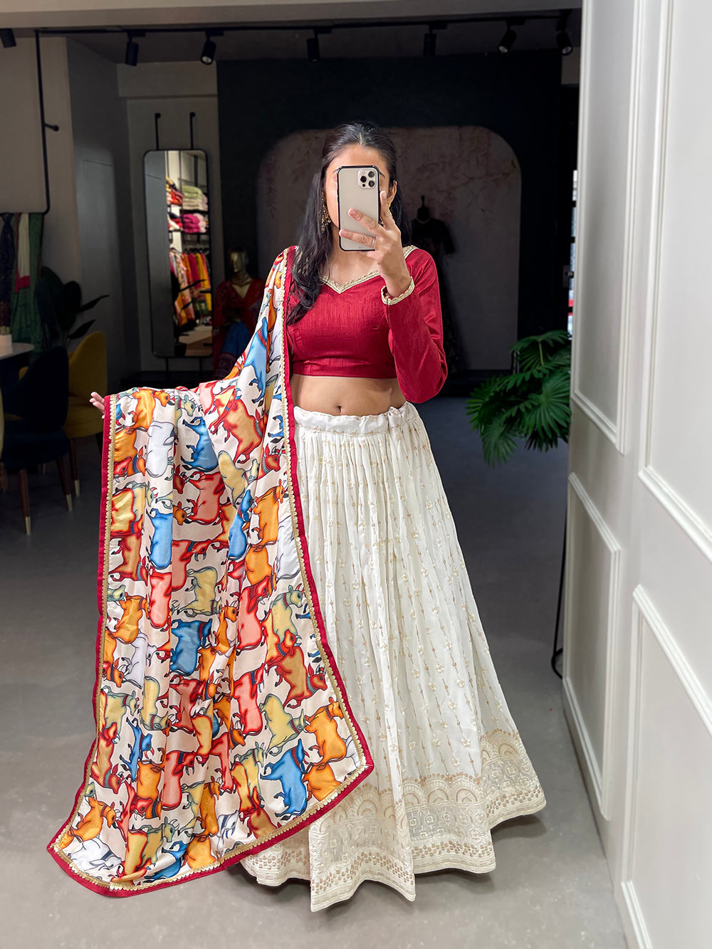 White Color Sequins And Thread Embroidery Work Georgette Lehenga Choli