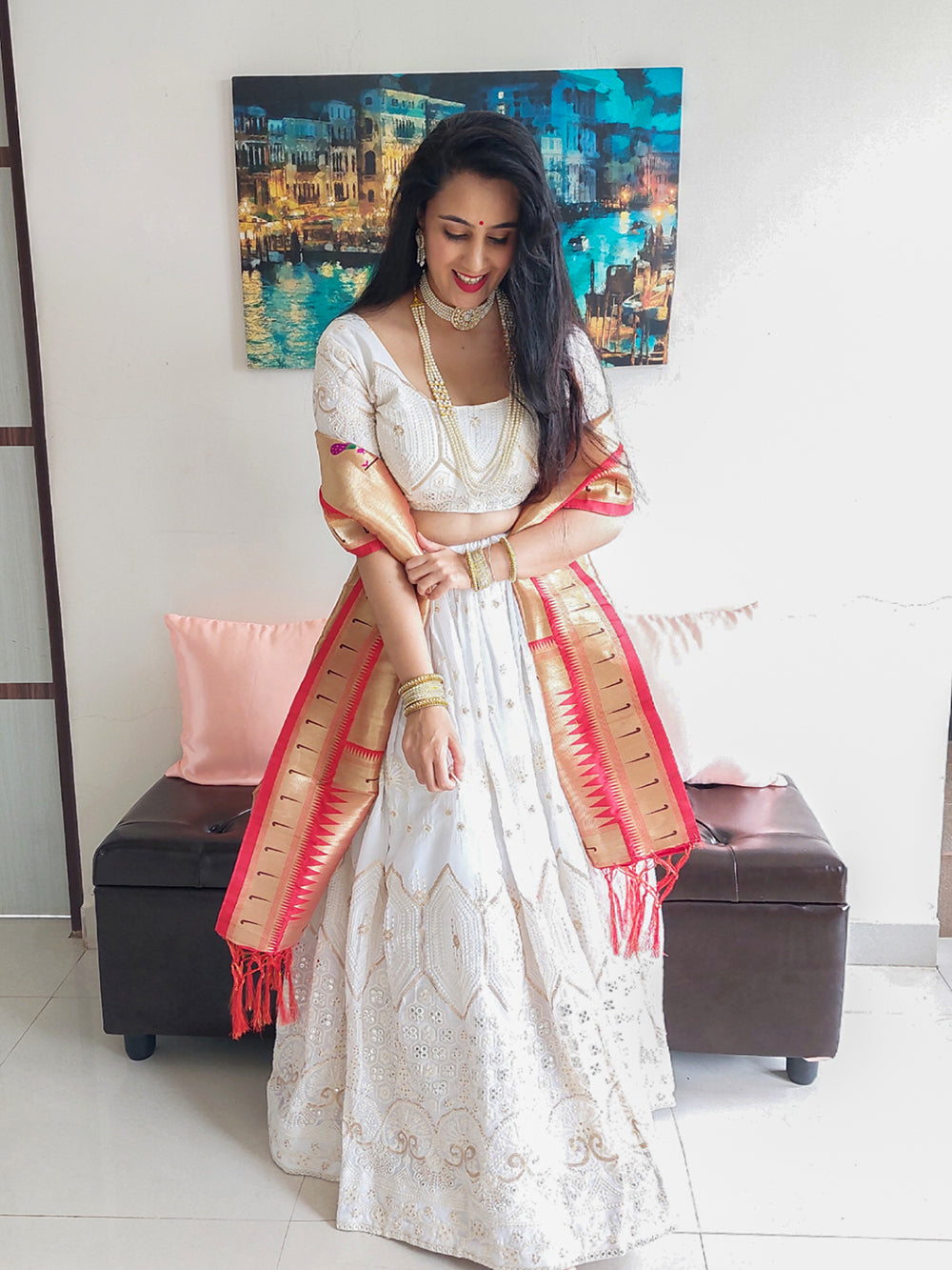 White Color Lucknowi Sequins & Paper Mirror Work Georgette Lehenga Choli Sets