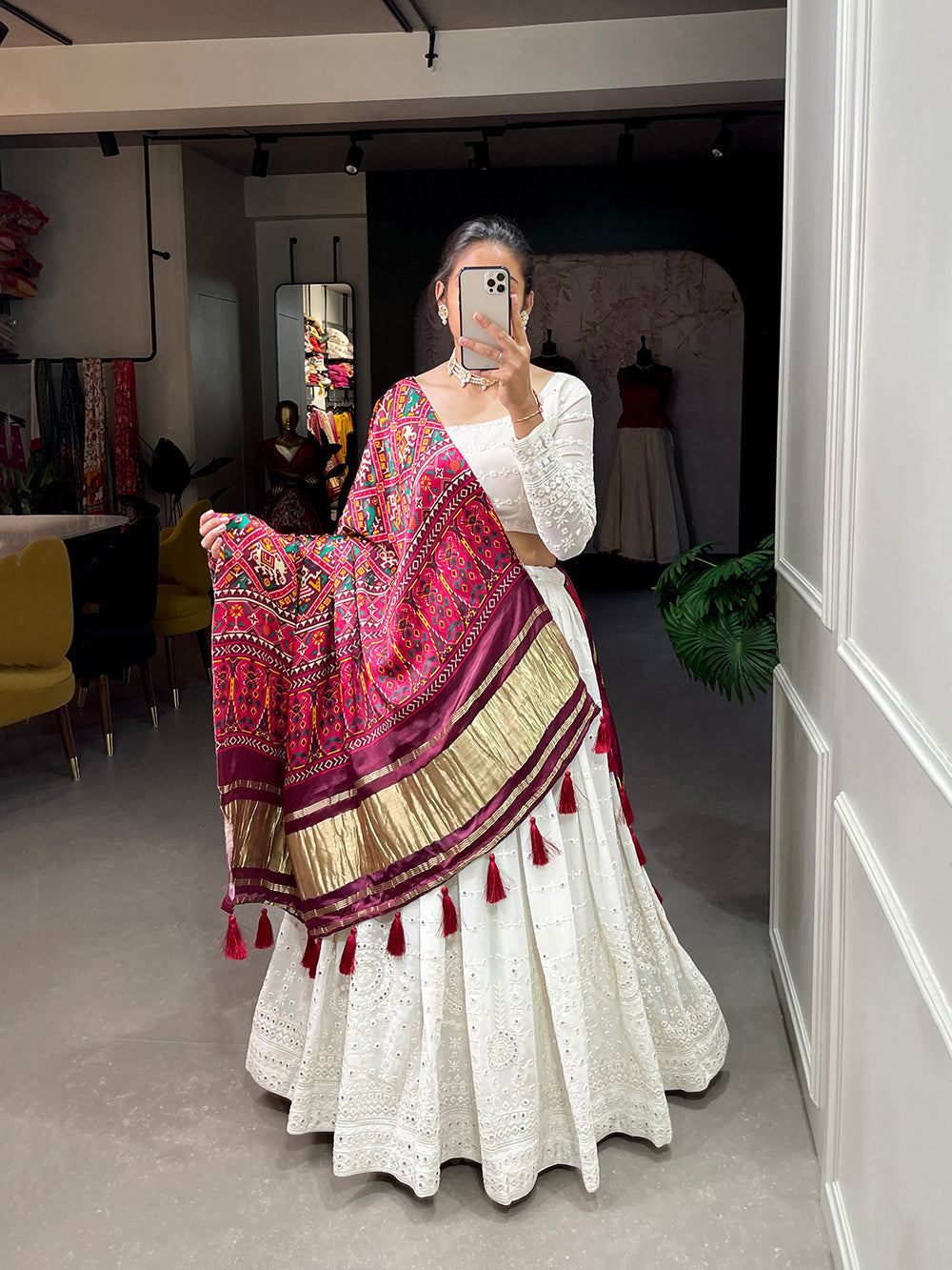 White Color Lucknowi Paper Mirror Work Georgette lehenga Choli