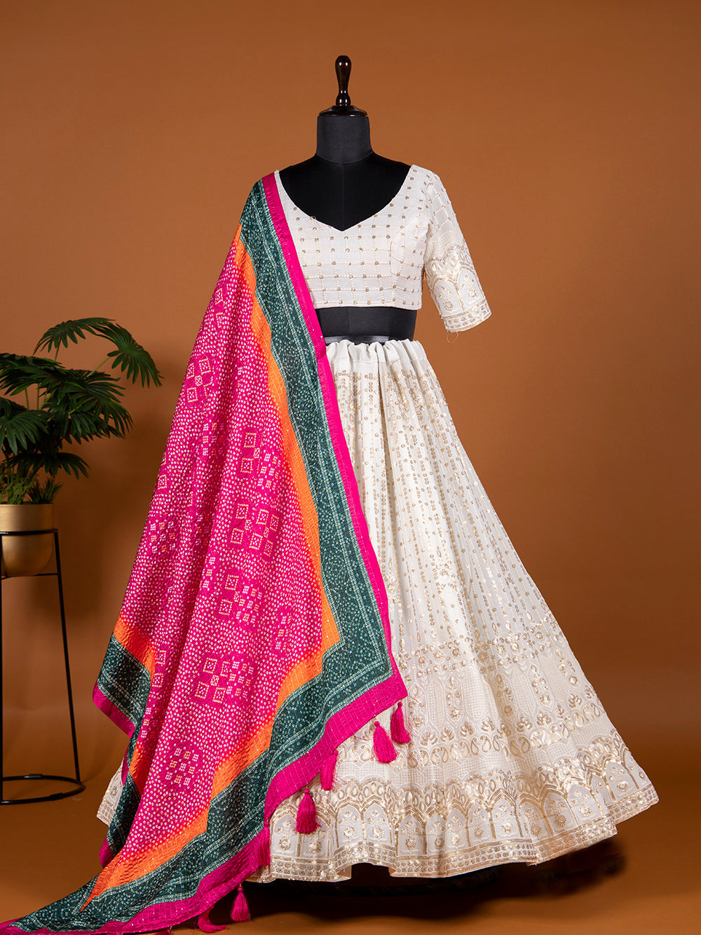 White Color Sequins & Thread Embroidery Work Georgette Lehenga