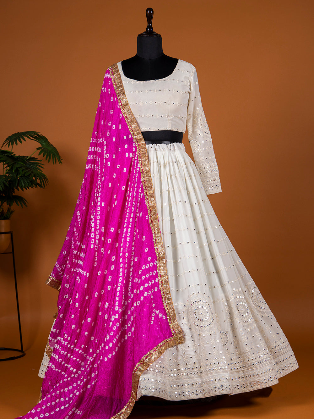 White Color Lucknowi Paper Mirror Work Georgette Lehenga Choli