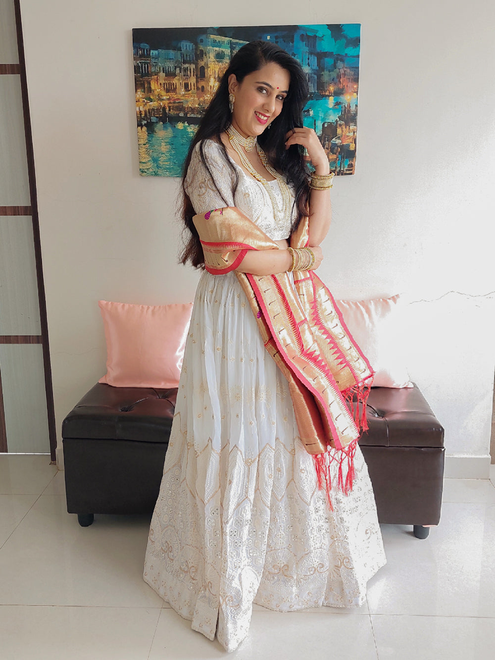 White Color Lucknowi Sequins & Paper Mirror Work Georgette Lehenga Choli Sets