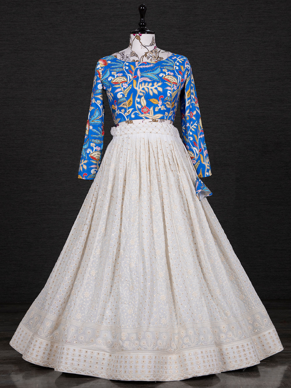 White Color Lucknowi Sequins Embroidery Work Lehenga With Crop Top
