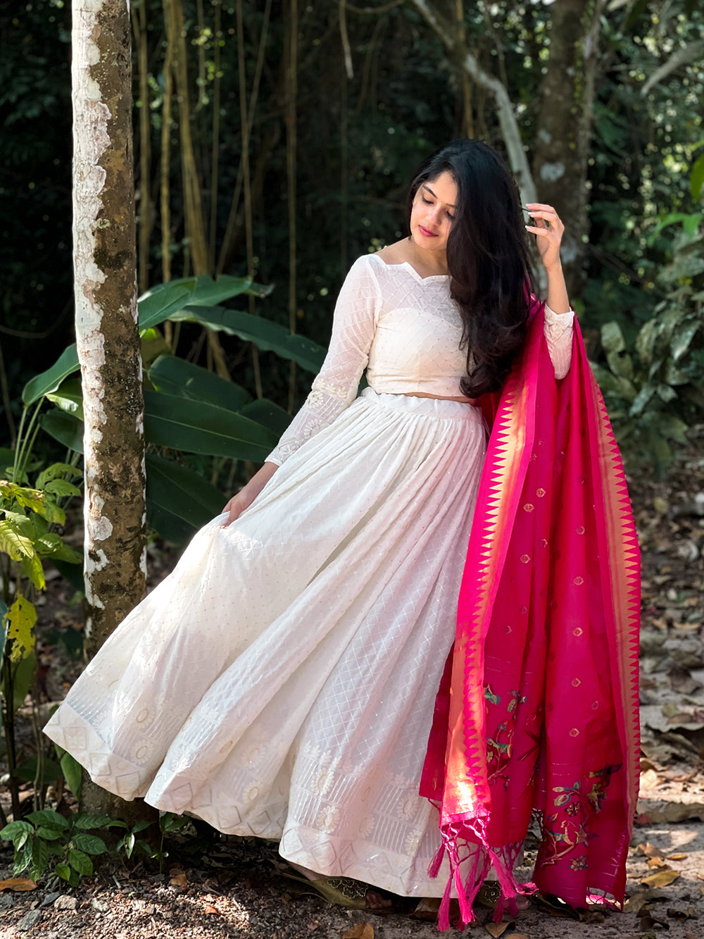 White Color  Lucknowi & Sequins Embroidery work Georgette Lehenga