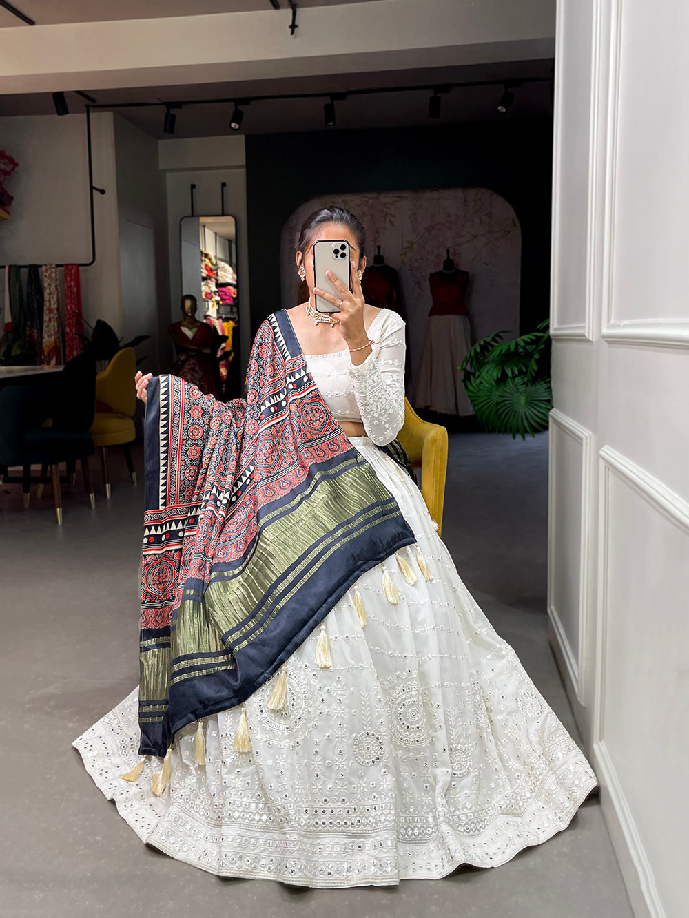 White Color Lucknowi Paper Mirror Work Georgette lehenga Choli
