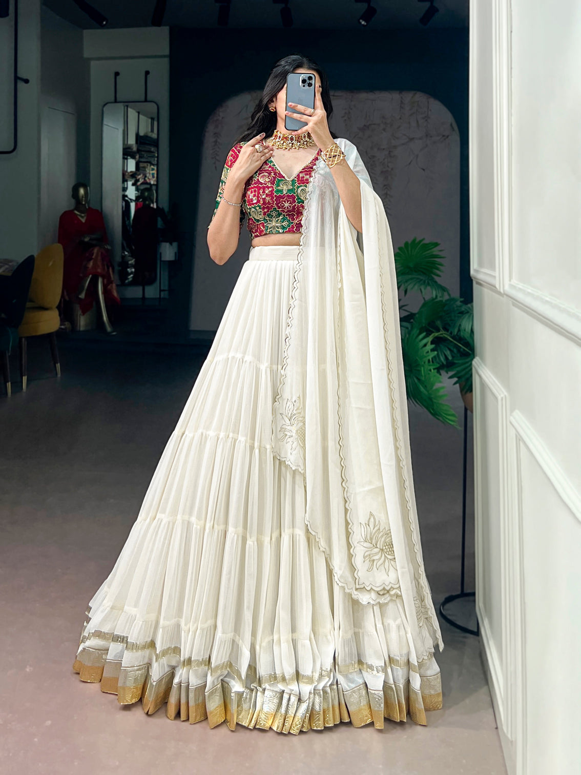 White color embossed design chaniya choli