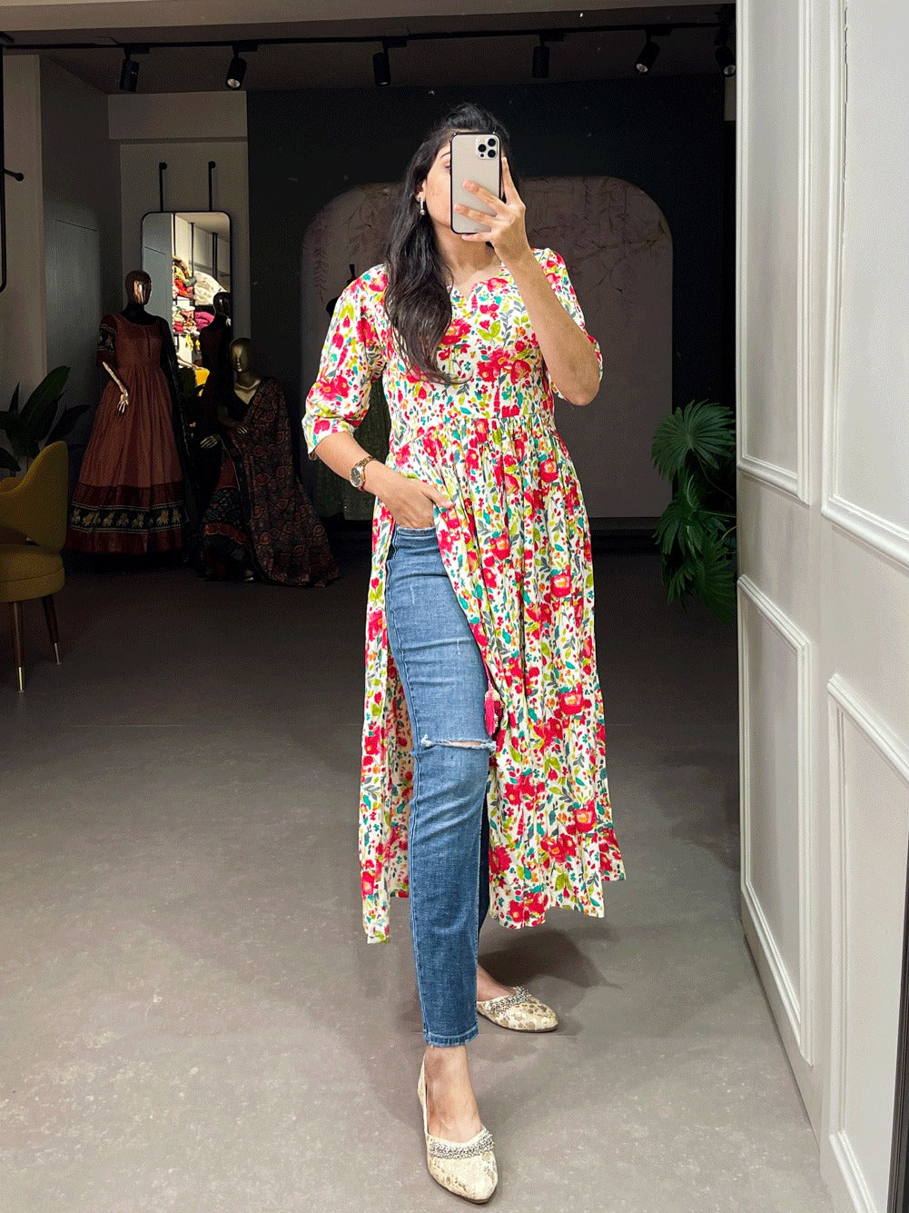 White Color Nayra-cut Foil Printed Cotton Kurti For Effortless Style and Any Occasion