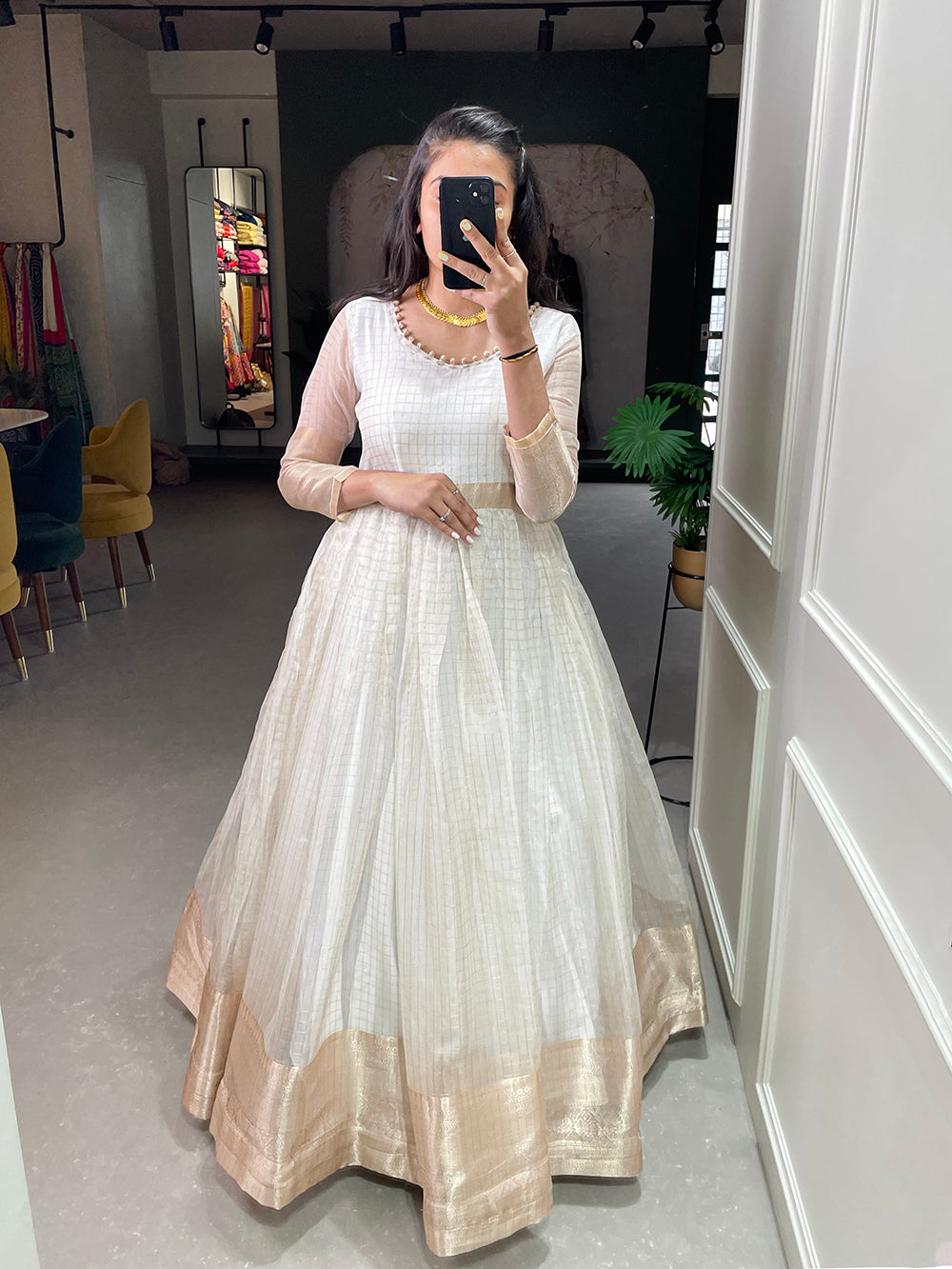 White Color Zari Weaving Work Organza Chex Gown