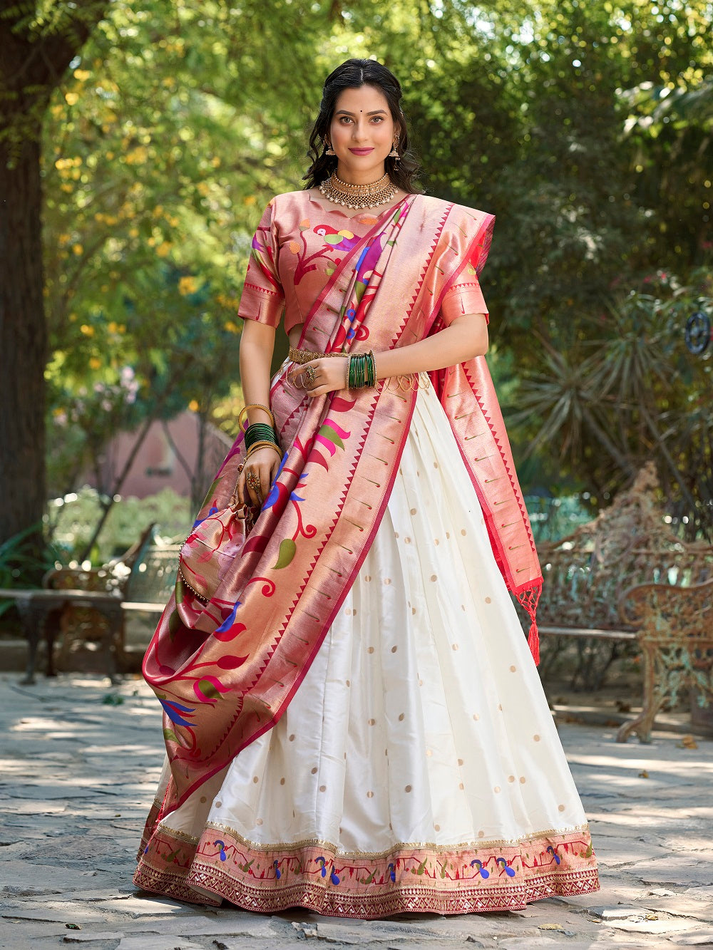 White color weaving zari work jacquard silk lehenga choli