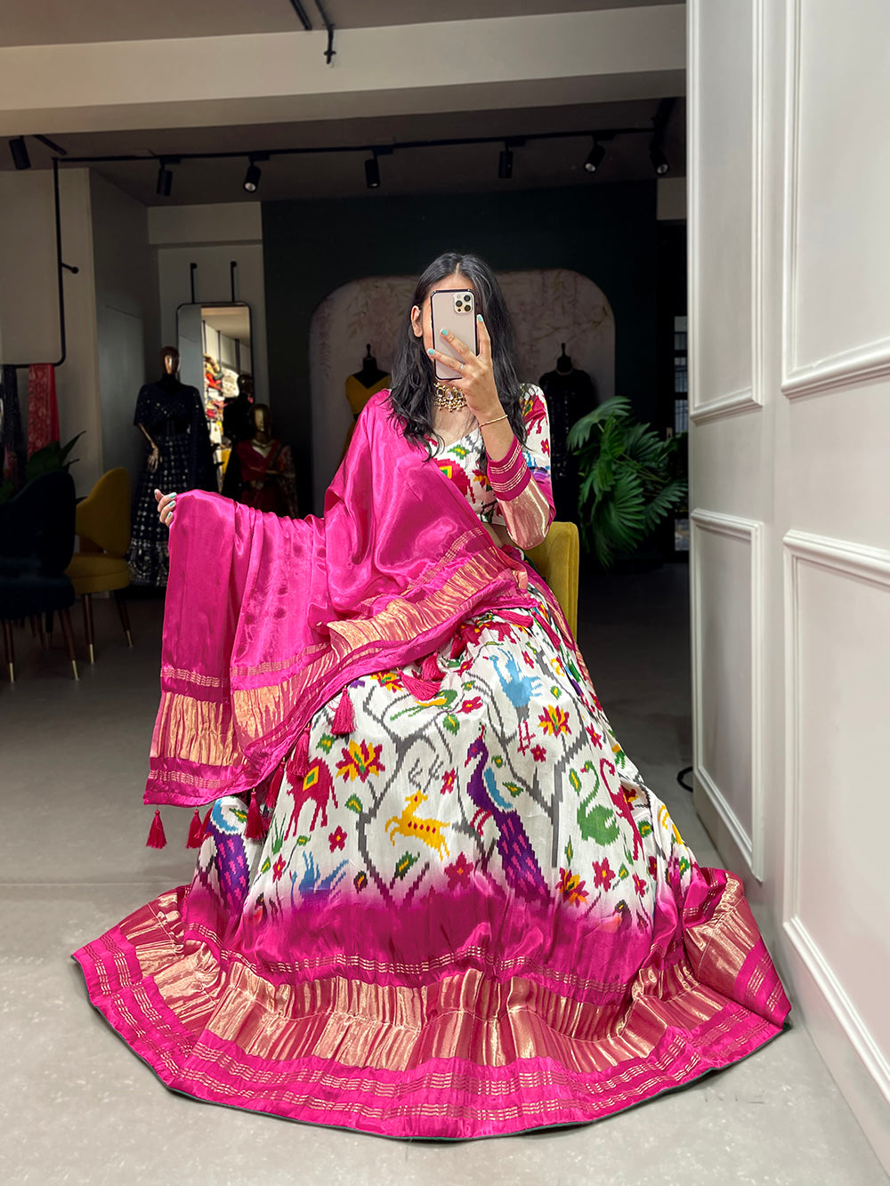 White Color Ikkat Patola Printed Gaji Silk Lehenga Choli