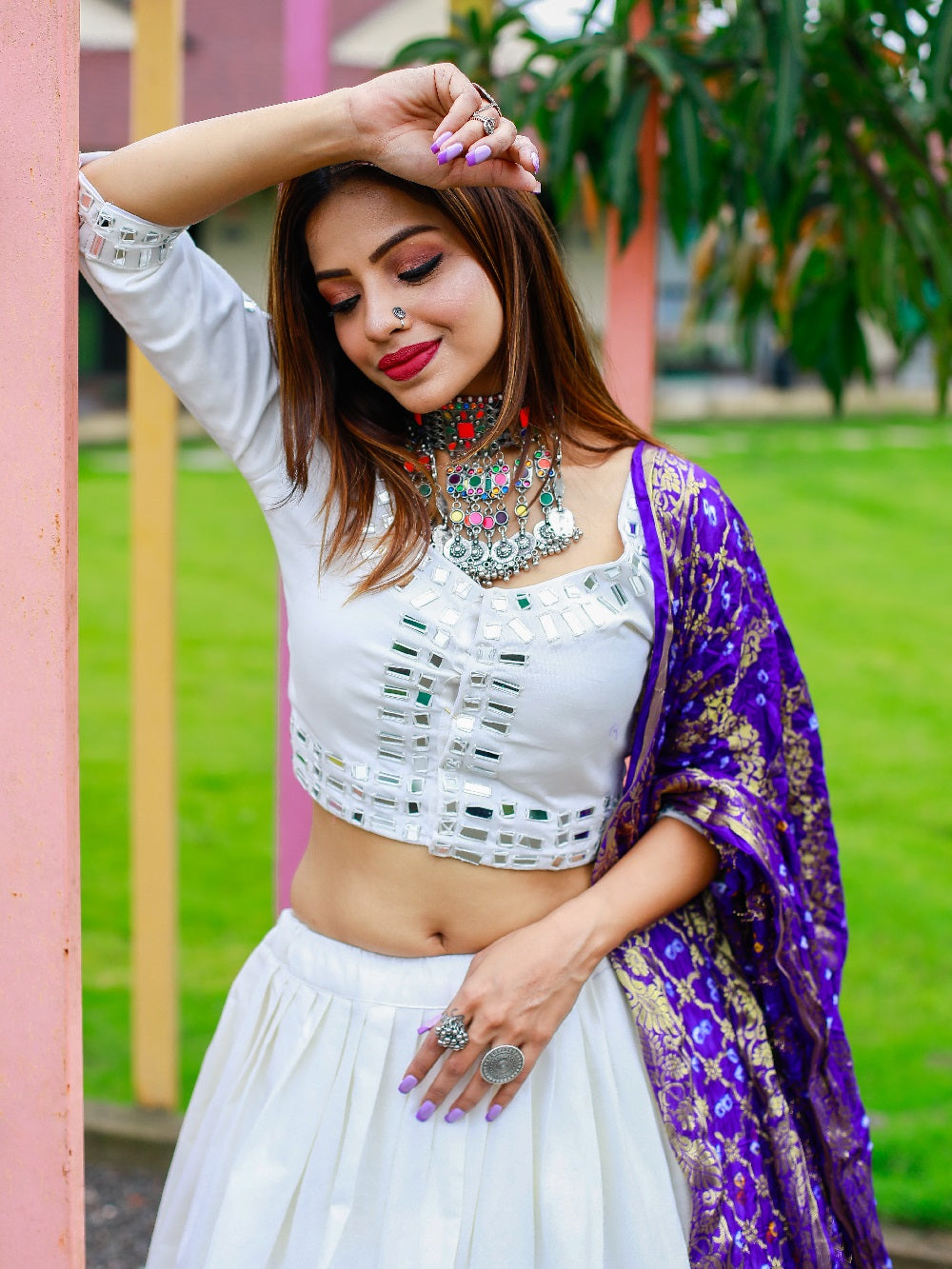 White Color Mirror Handwork Pure cotton Ready Made Blouse