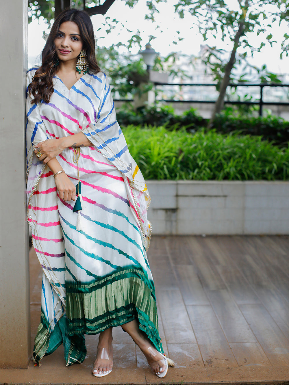 White Color Digital Bandhej Printed Pure Gaji Silk Kaftan