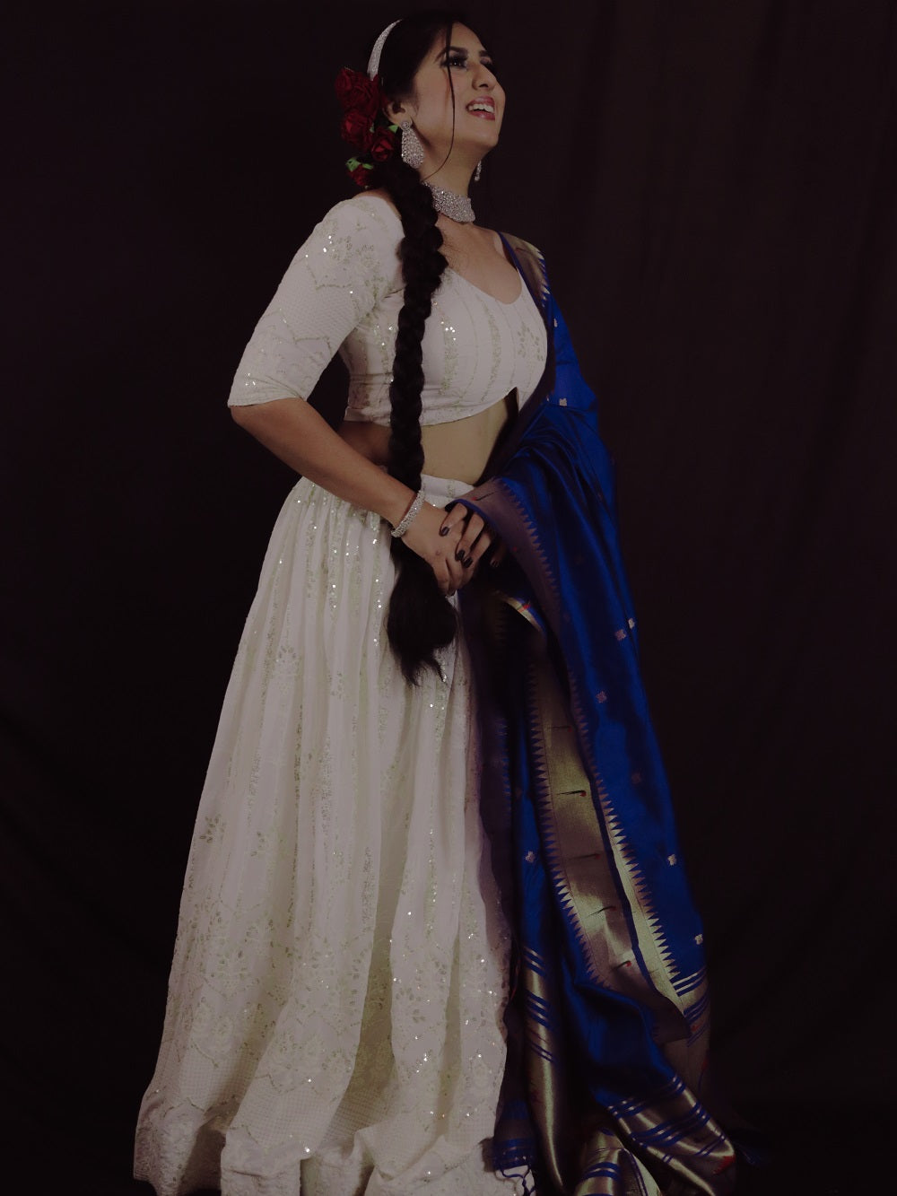 White Color Sequins And Thread Work Georgette Lehenga Choli Set