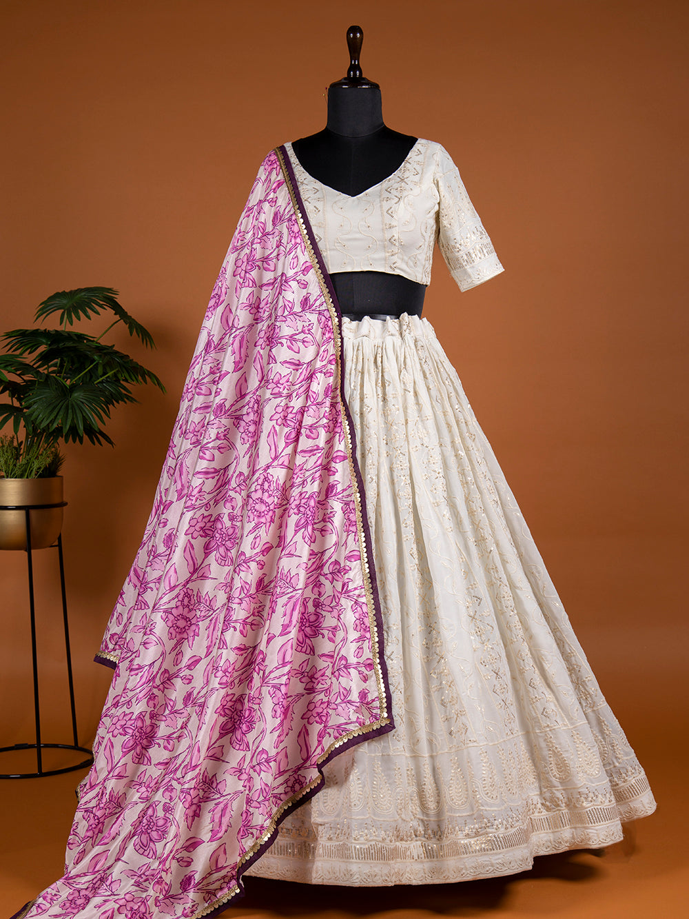 White color sequins and thread embroidery work georgette lehenga choli