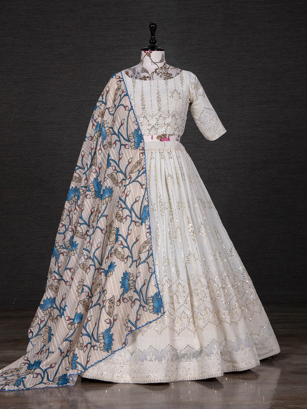 White Color Sequins And Thread Embroidery Work Georgette Lehenga Choli