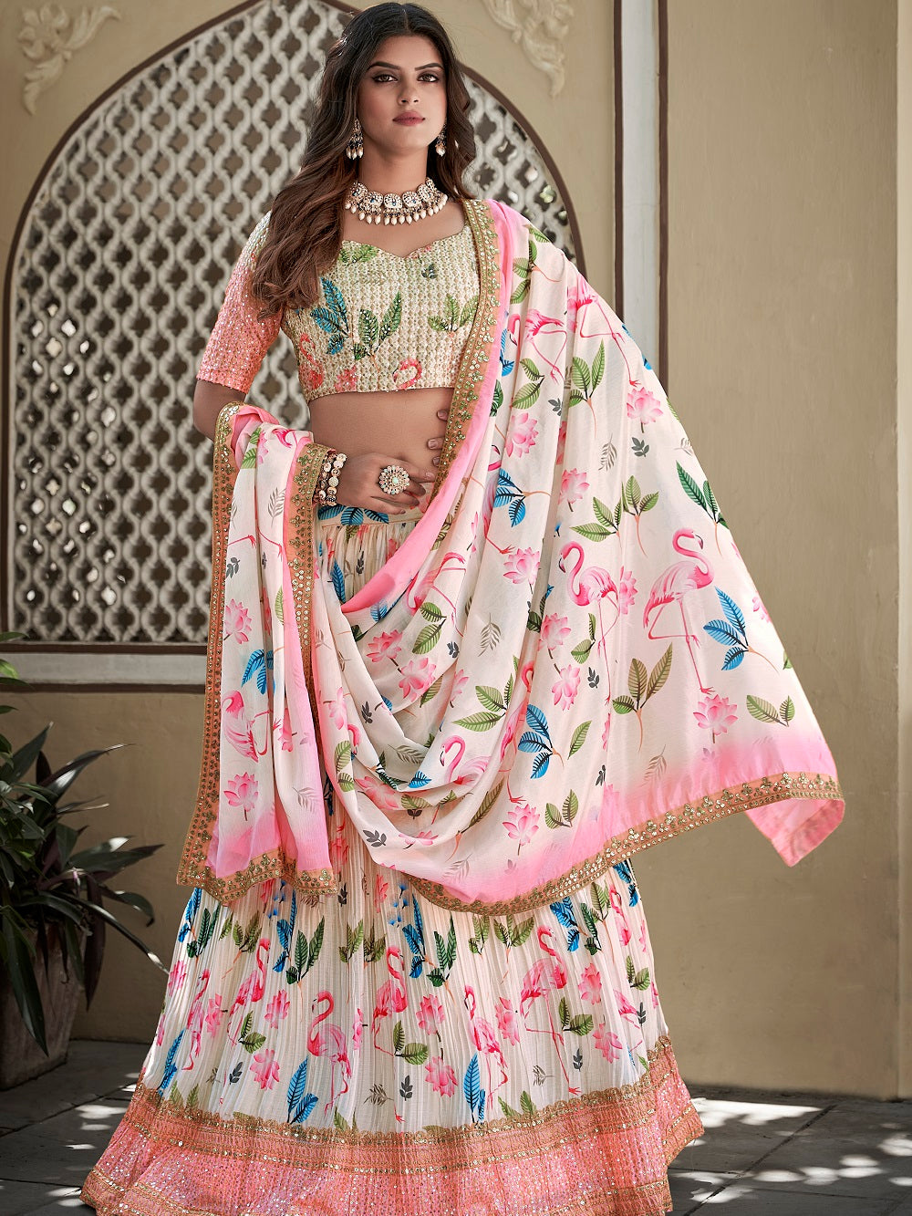 White Color Digital Print With Sequins Embroidery Work Crushed Chinon Lehenga Choli
