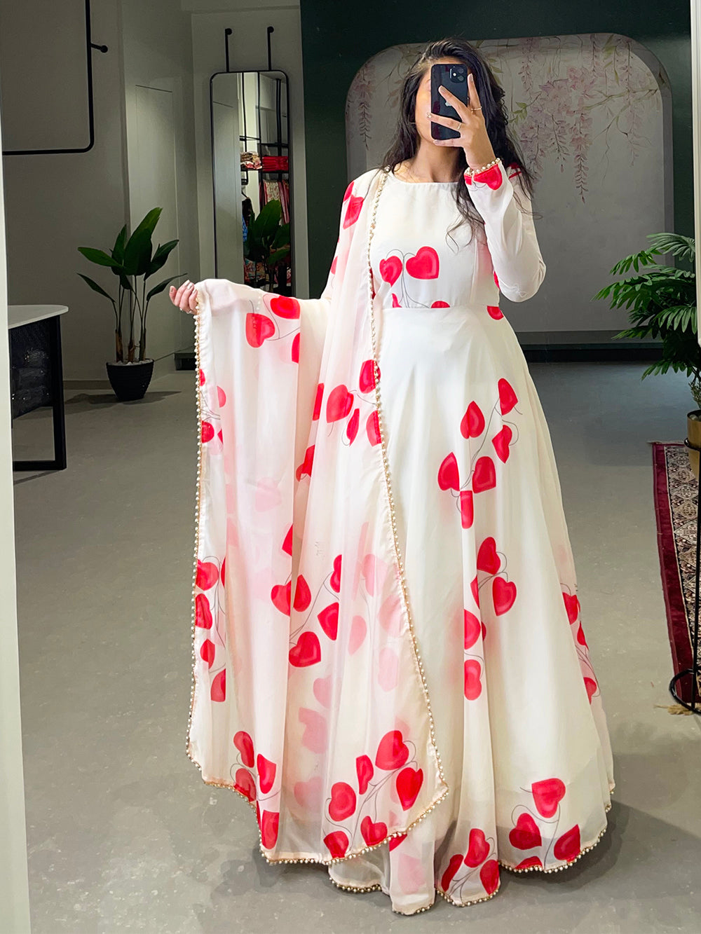 White Color Digital Printed Tabby Silk Gown