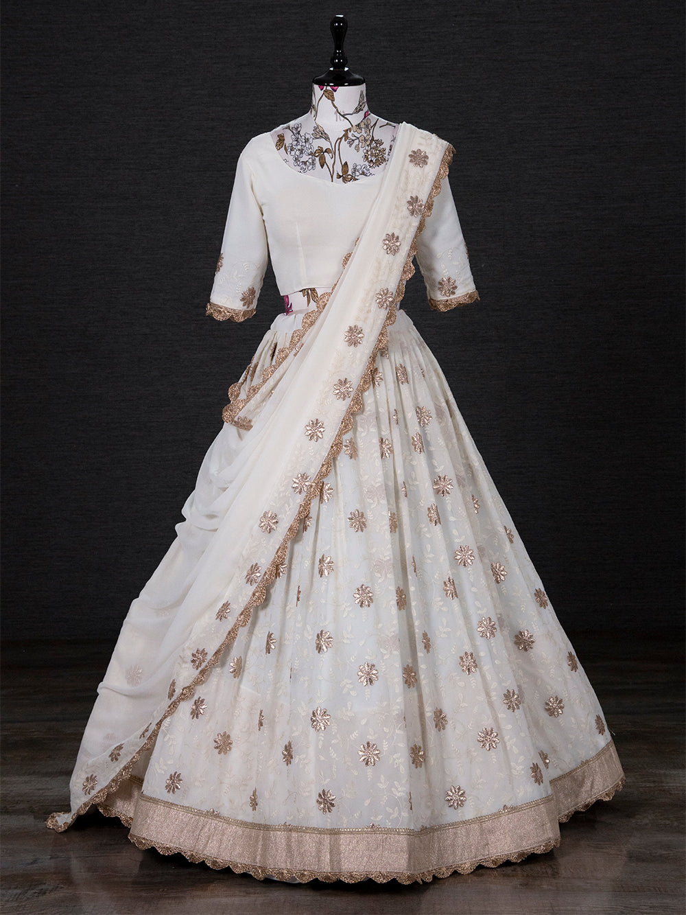 White Color Thread Embroidery Work Georgette South Indian Lehenga Choli