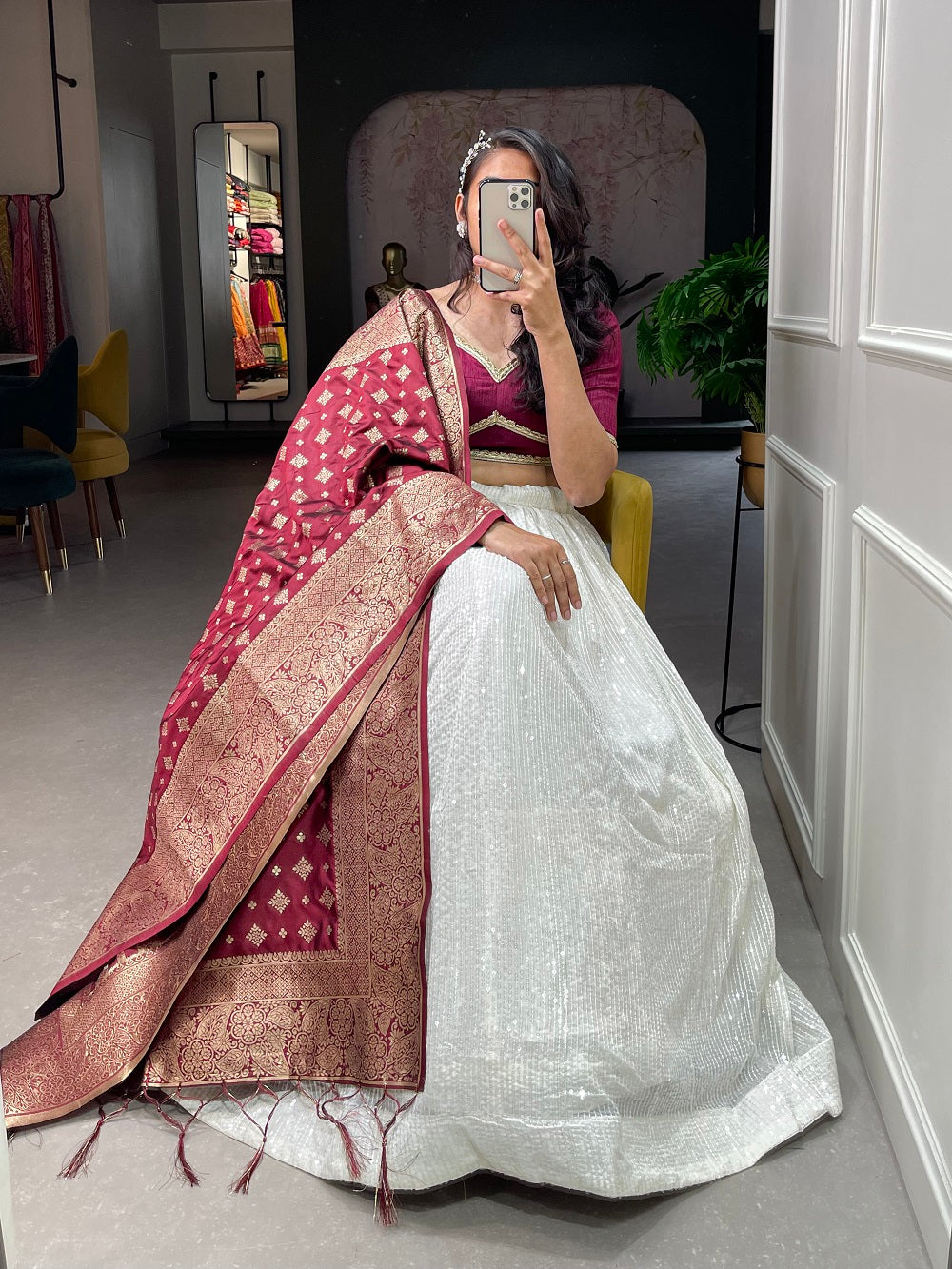 White Color Sequins and Thread Embroidery Work Georgette Lehenga Choli