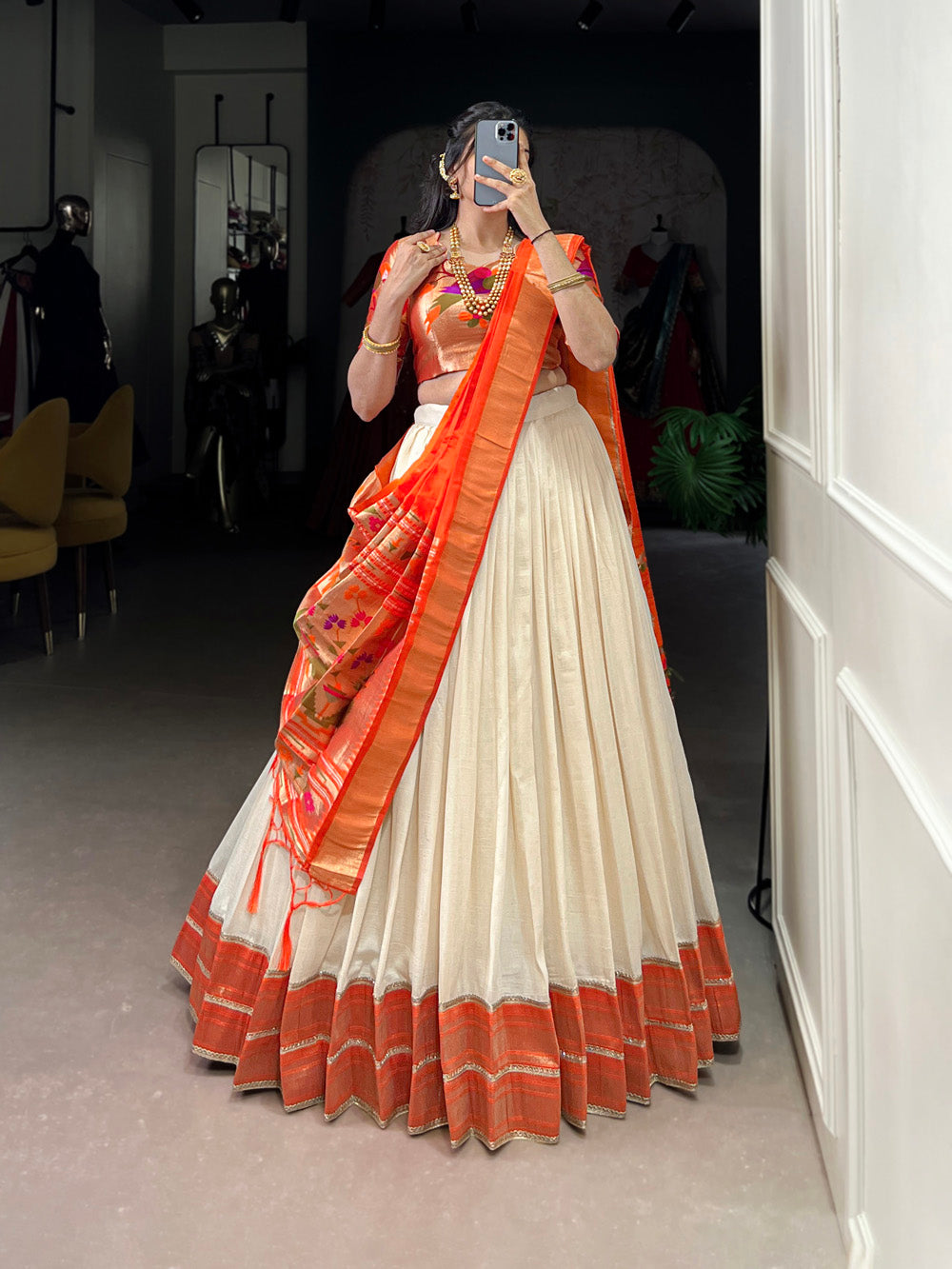 White vichitra silk south indian style lehenga choli with jacquard blouse orange dupatta