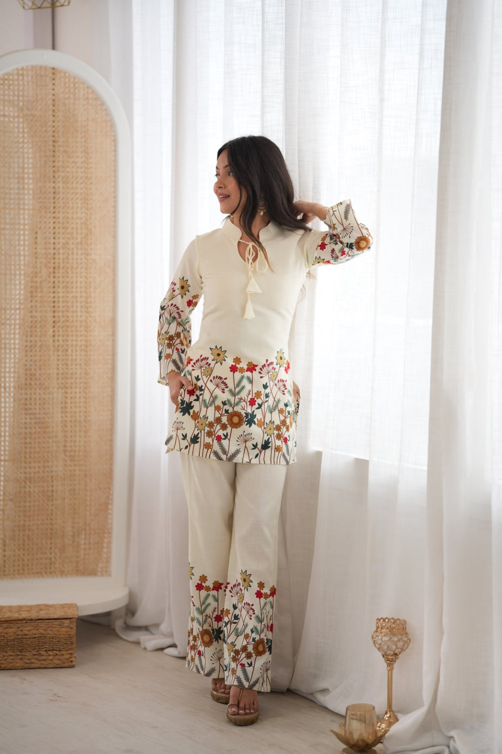 White Cotton Floral Printed Kurta Pant Set