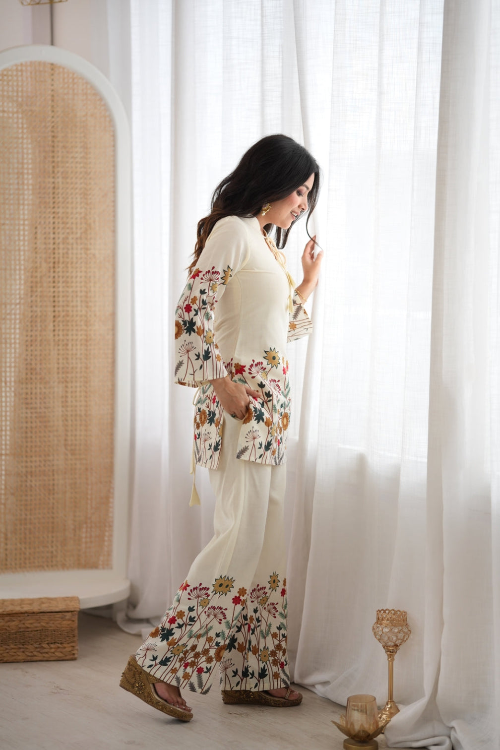 White Cotton Floral Printed Kurta Pant Set