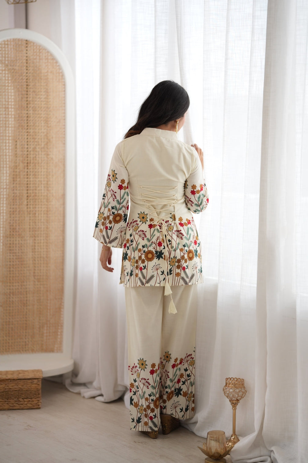 White Cotton Floral Printed Kurta Pant Set