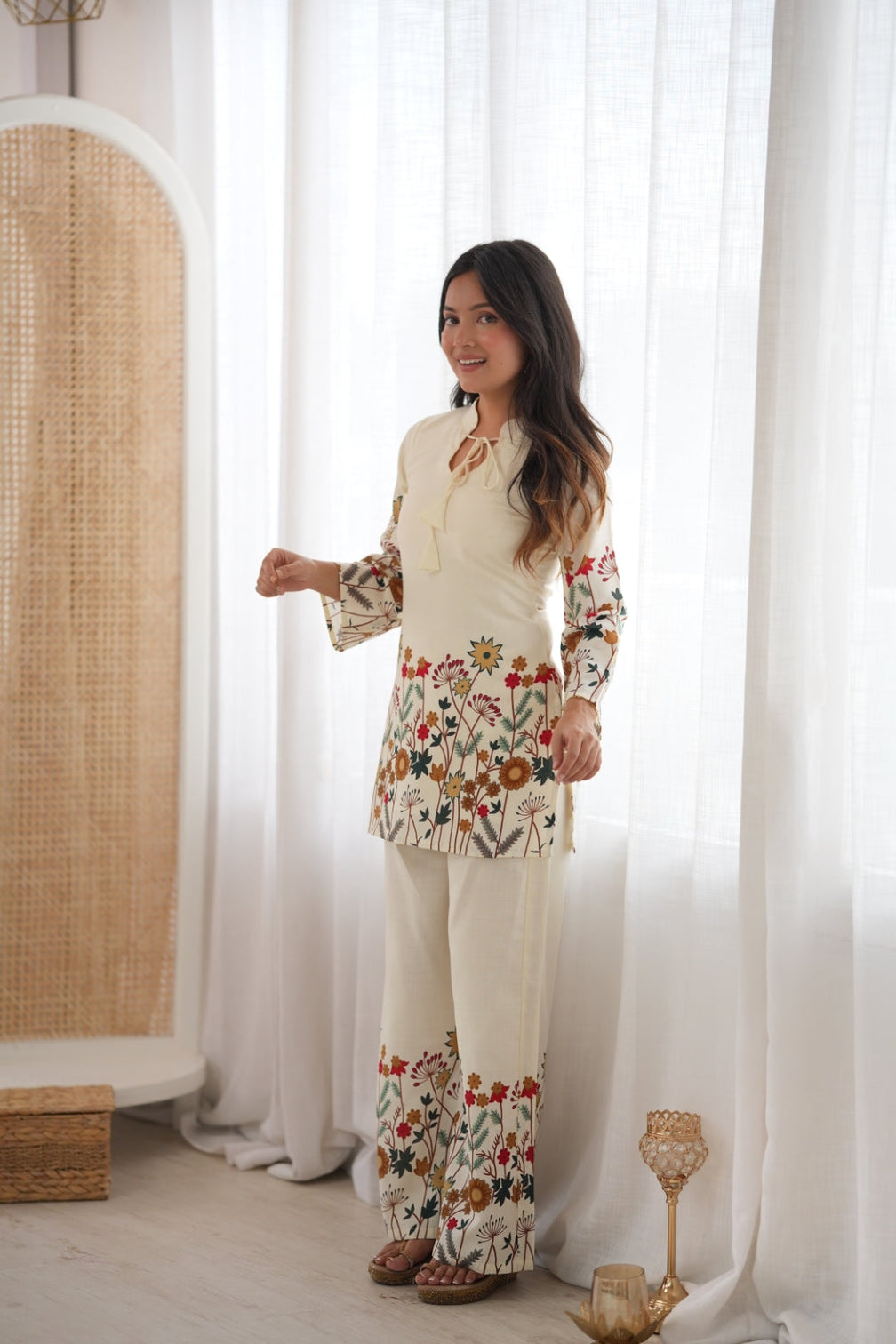 White Cotton Floral Printed Kurta Pant Set