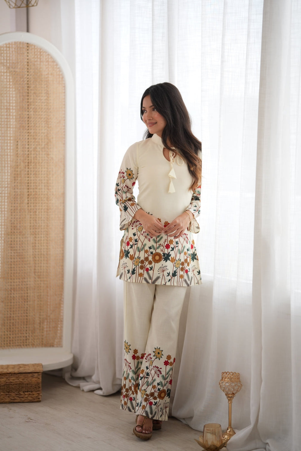 White Cotton Floral Printed Kurta Pant Set