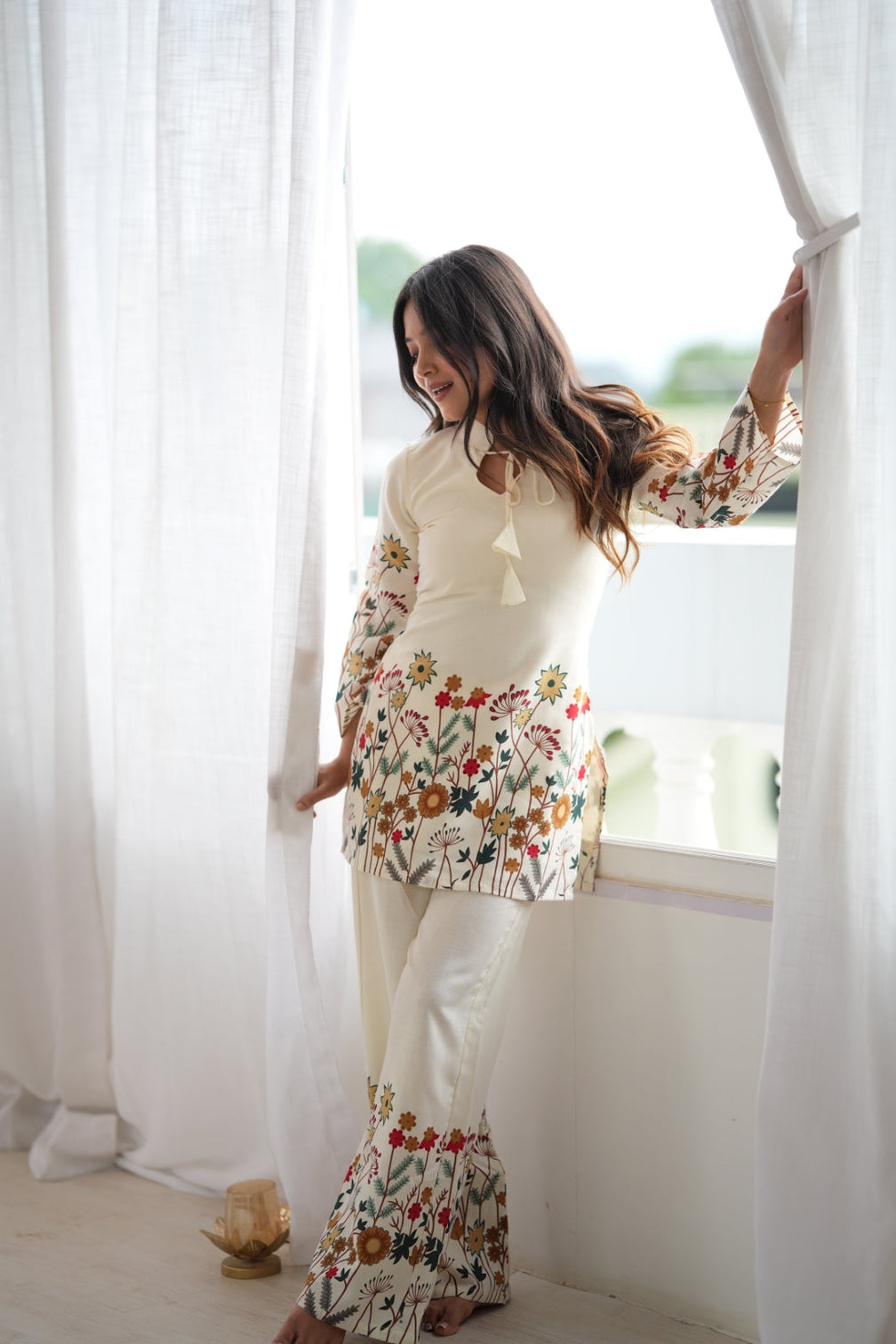 White Cotton Floral Printed Kurta Pant Set