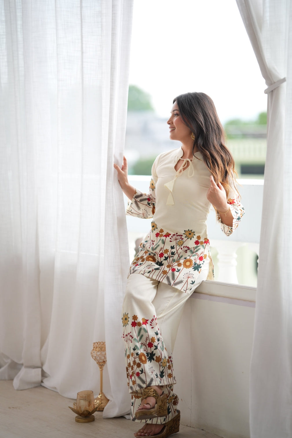 White Cotton Floral Printed Kurta Pant Set