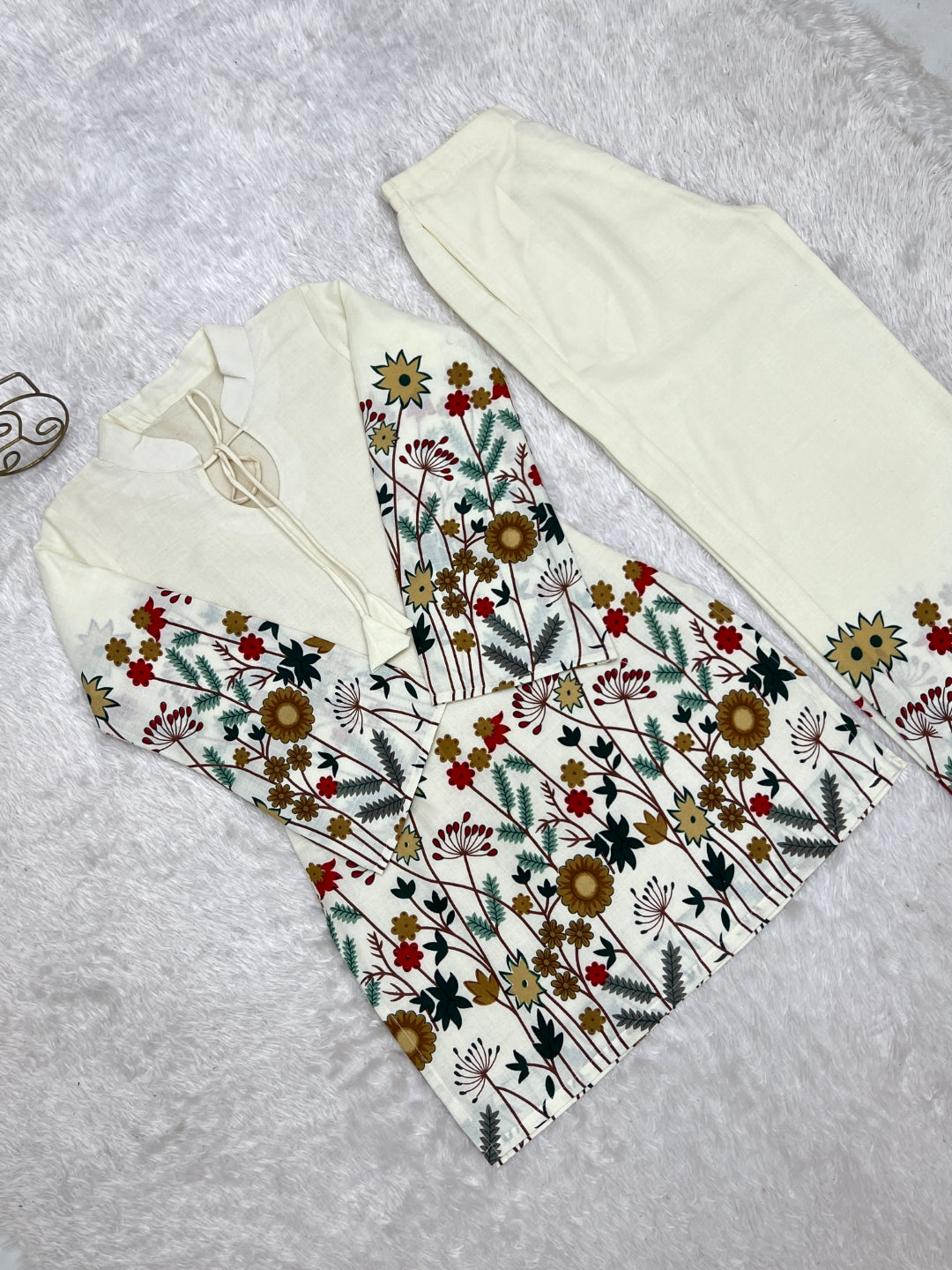 White Cotton Floral Printed Kurta Pant Set