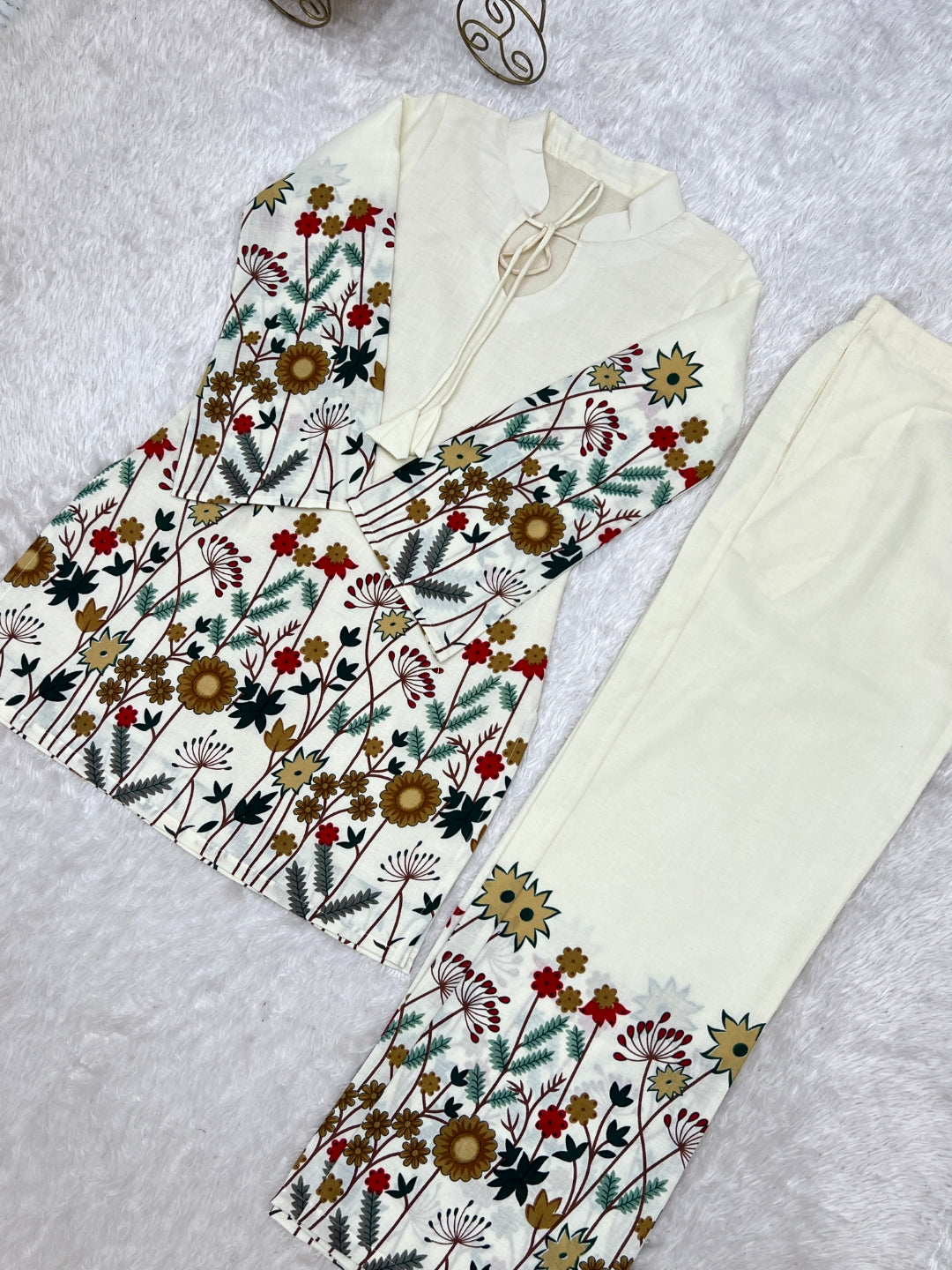 White Cotton Floral Printed Kurta Pant Set