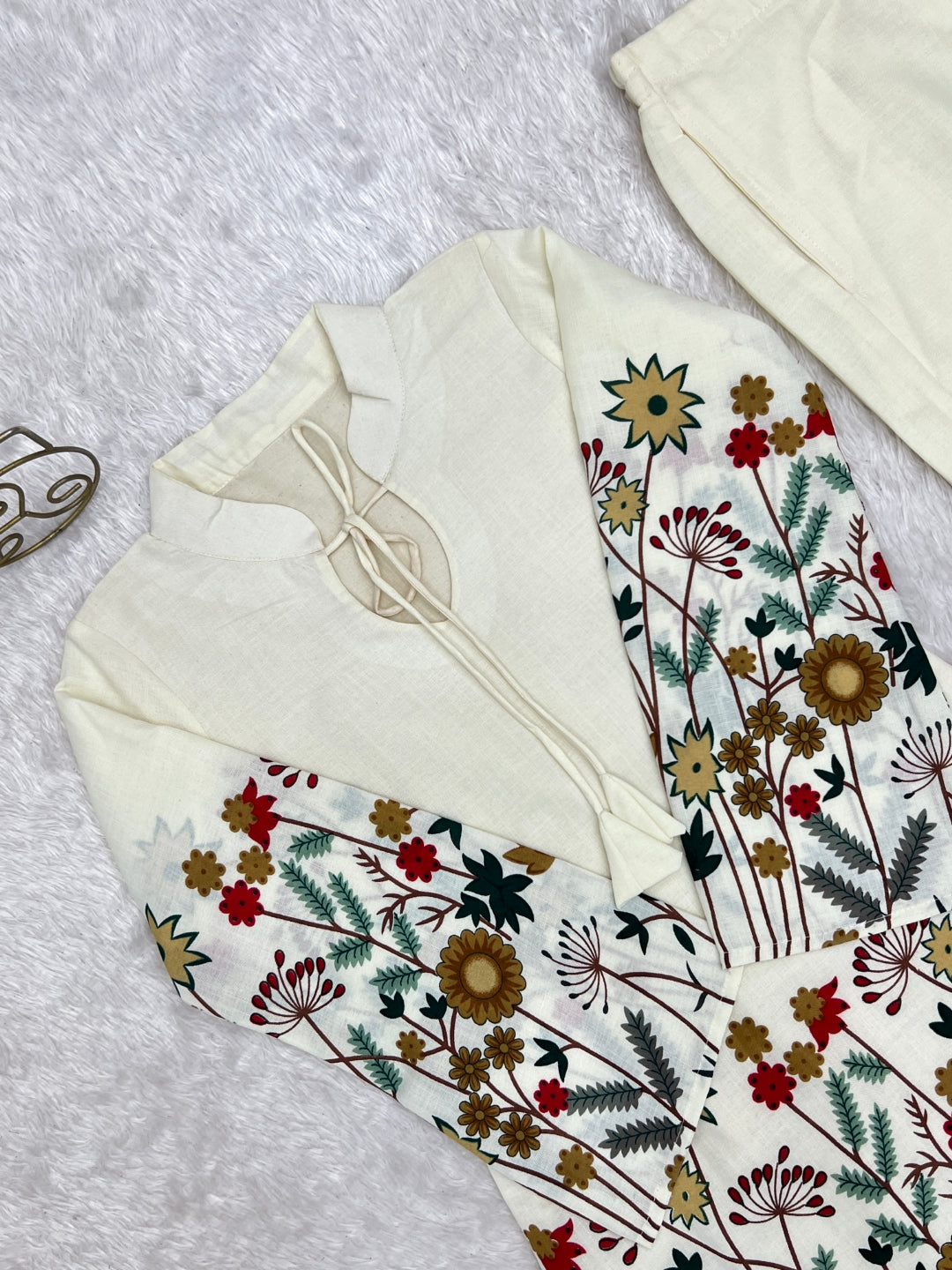 White Cotton Floral Printed Kurta Pant Set