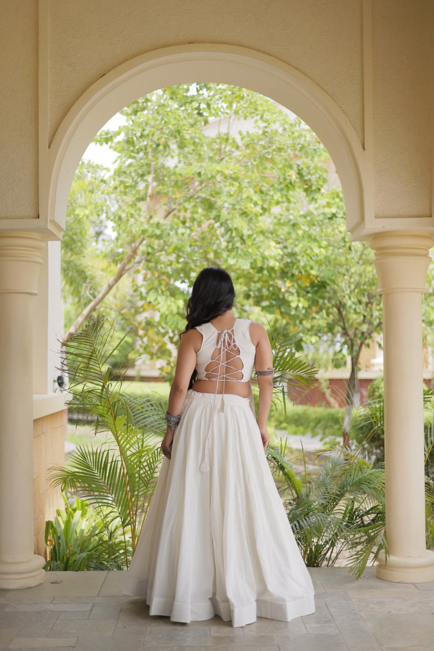 White Cotton Gamthi Embroidered Lehenga Choli