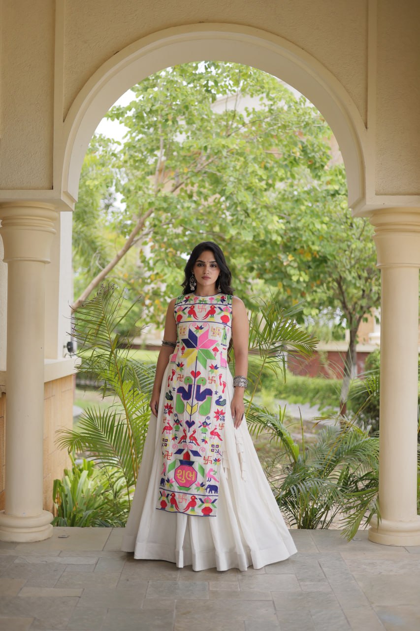 White Cotton Gamthi Embroidered Lehenga Choli
