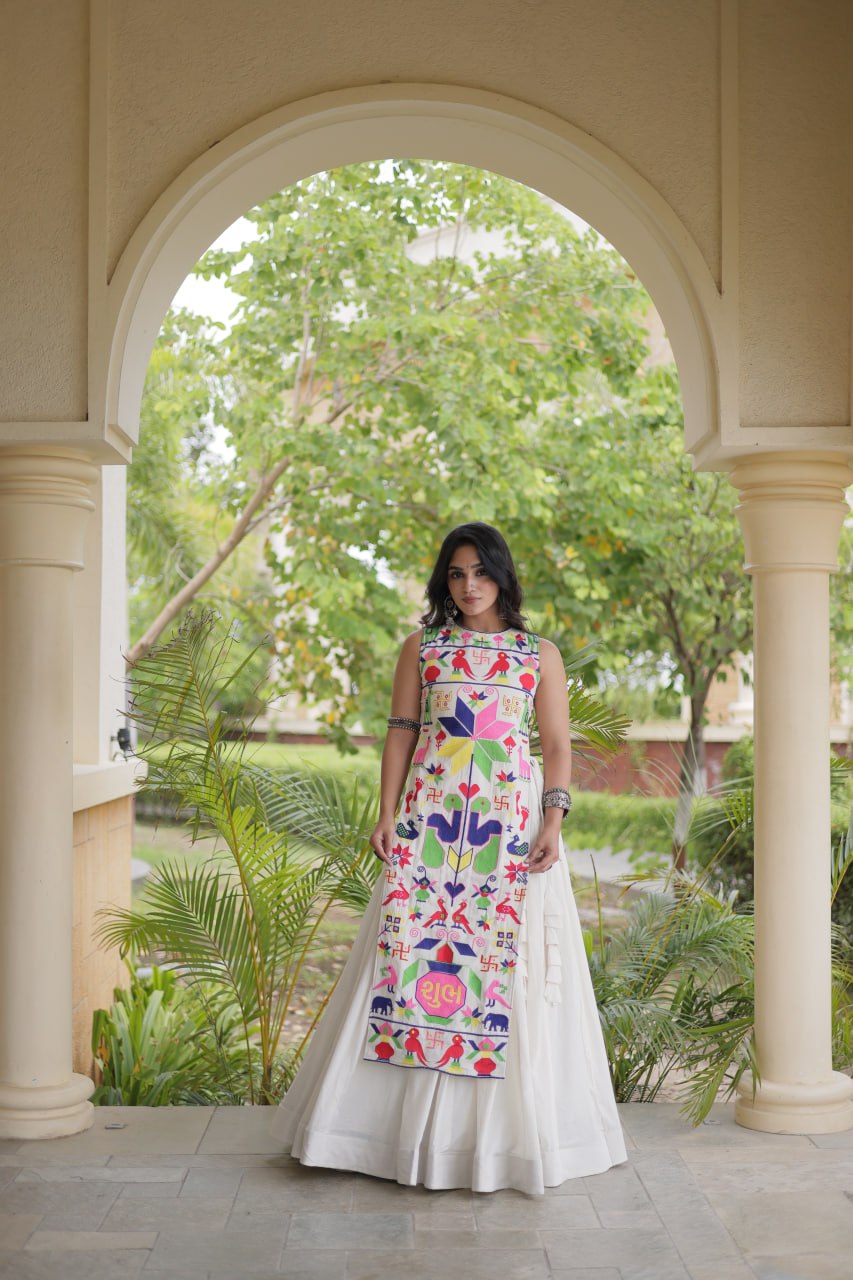 White Cotton Gamthi Embroidered Lehenga Choli