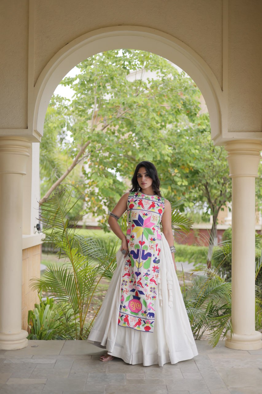 White Cotton Gamthi Embroidered Lehenga Choli