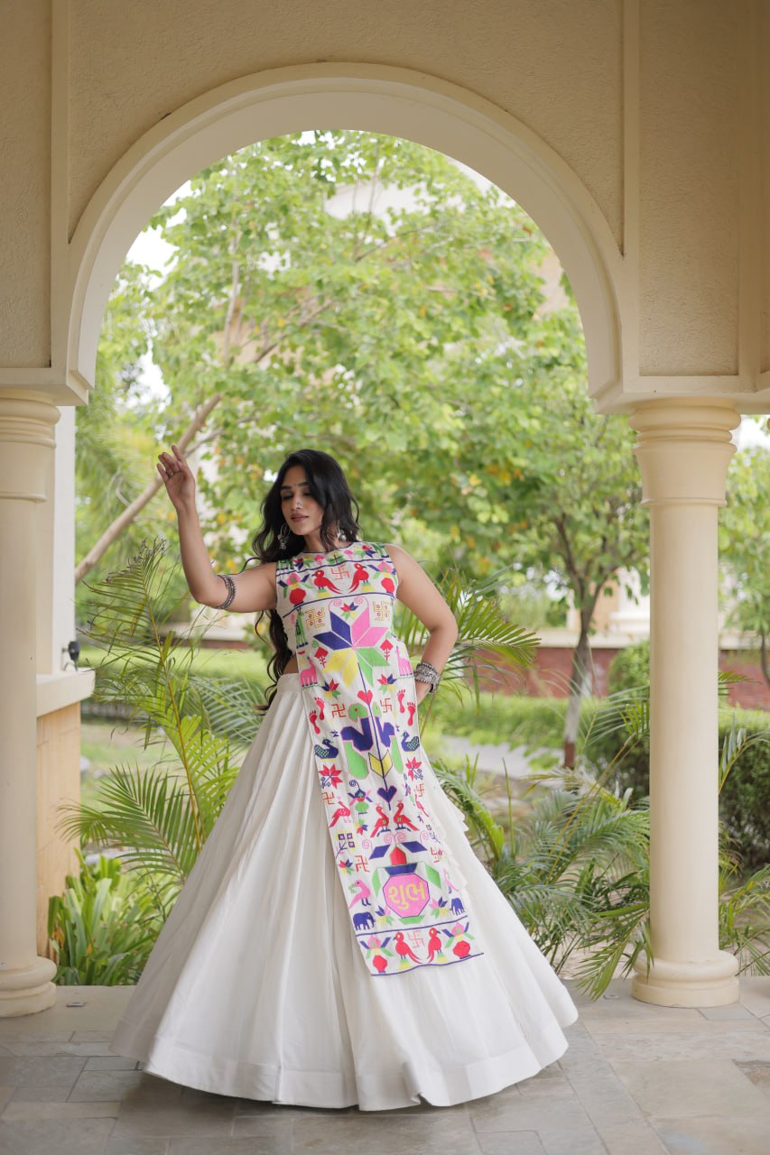 White Cotton Gamthi Embroidered Lehenga Choli