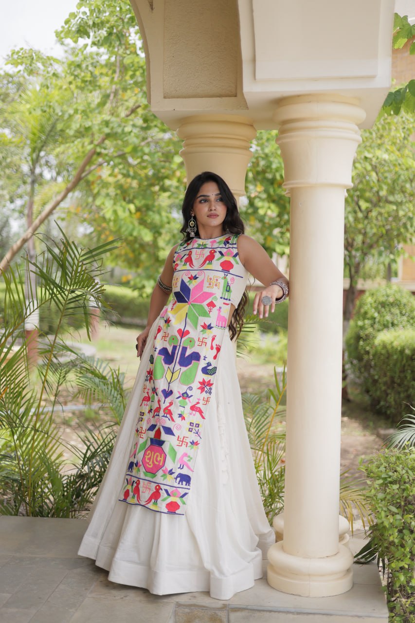 White Cotton Gamthi Embroidered Lehenga Choli