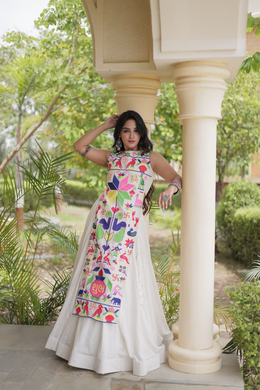 White Cotton Gamthi Embroidered Lehenga Choli