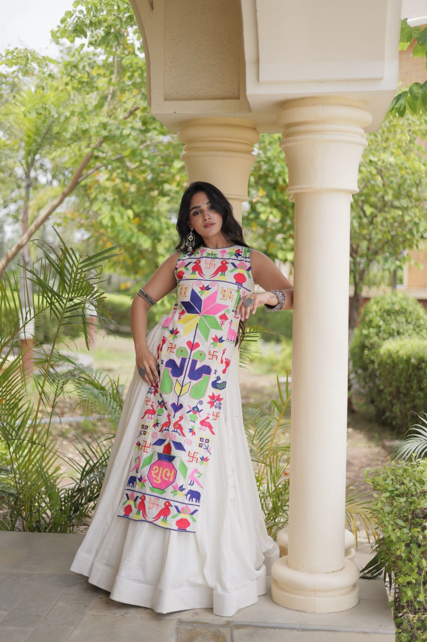 White Cotton Gamthi Embroidered Lehenga Choli