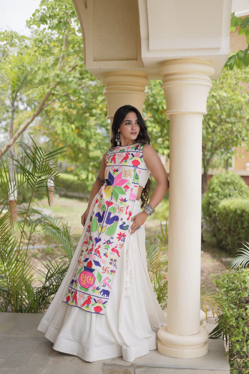 White Cotton Gamthi Embroidered Lehenga Choli