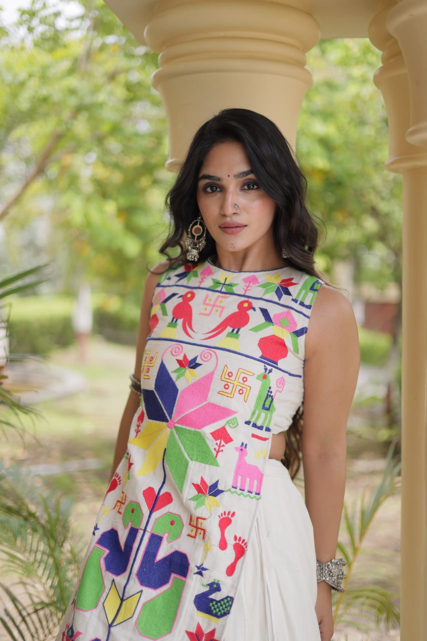 White Cotton Gamthi Embroidered Lehenga Choli
