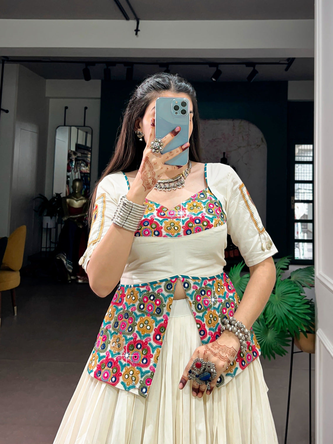 White Cotton Gamthi Work Lehenga Set