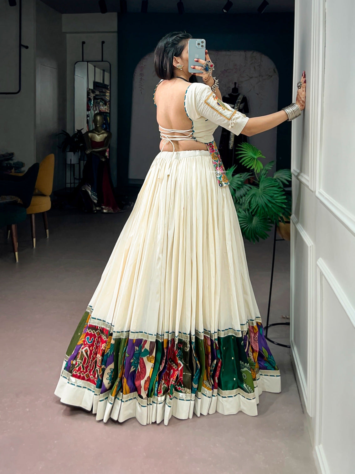 White Cotton Gamthi Work Lehenga Set