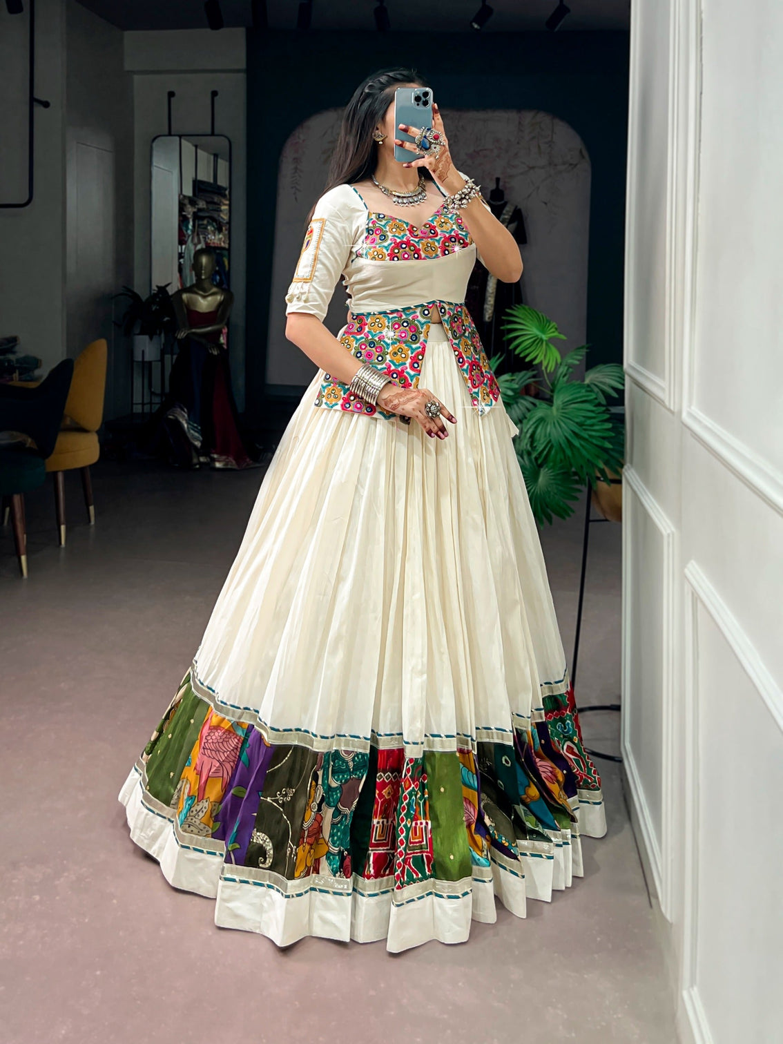 White Cotton Gamthi Work Lehenga Set
