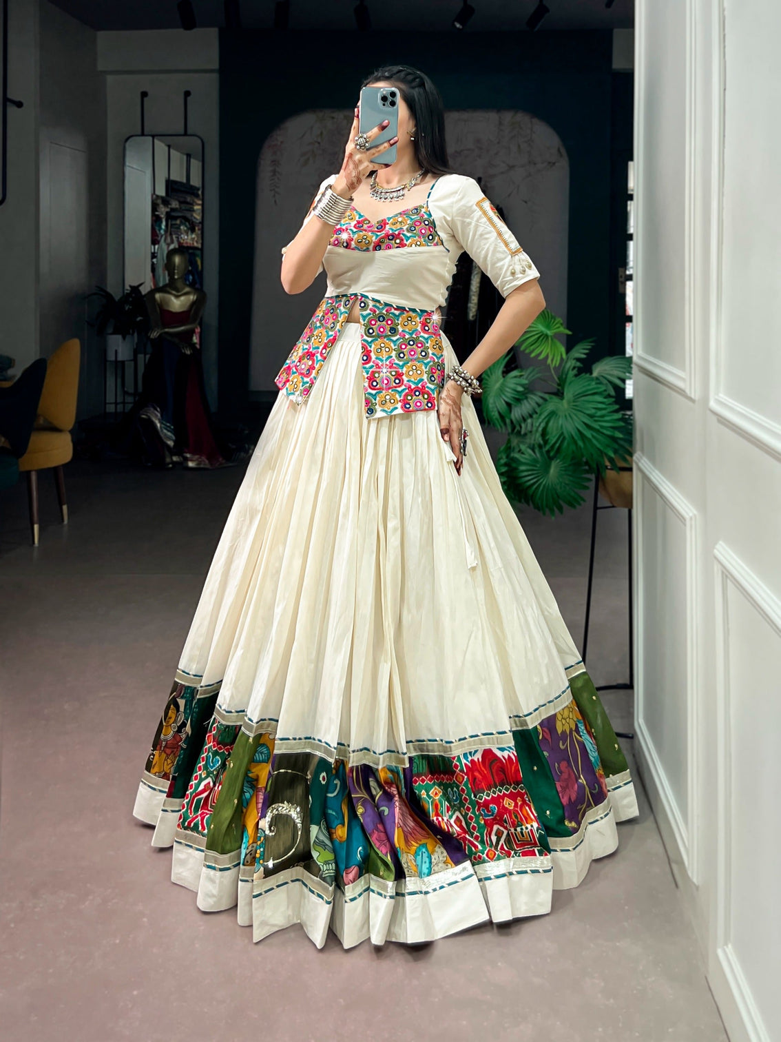 White Cotton Gamthi Work Lehenga Set
